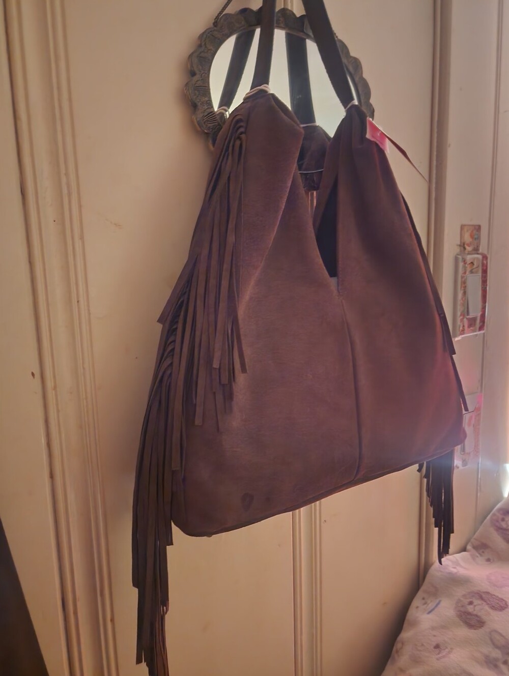 Italian Shoemakers Brown Shoulder Bag in Suede Finish